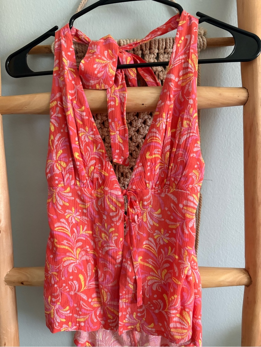 Roxy Coral Halter Camisole with Pink and Yellow Floral Pattern